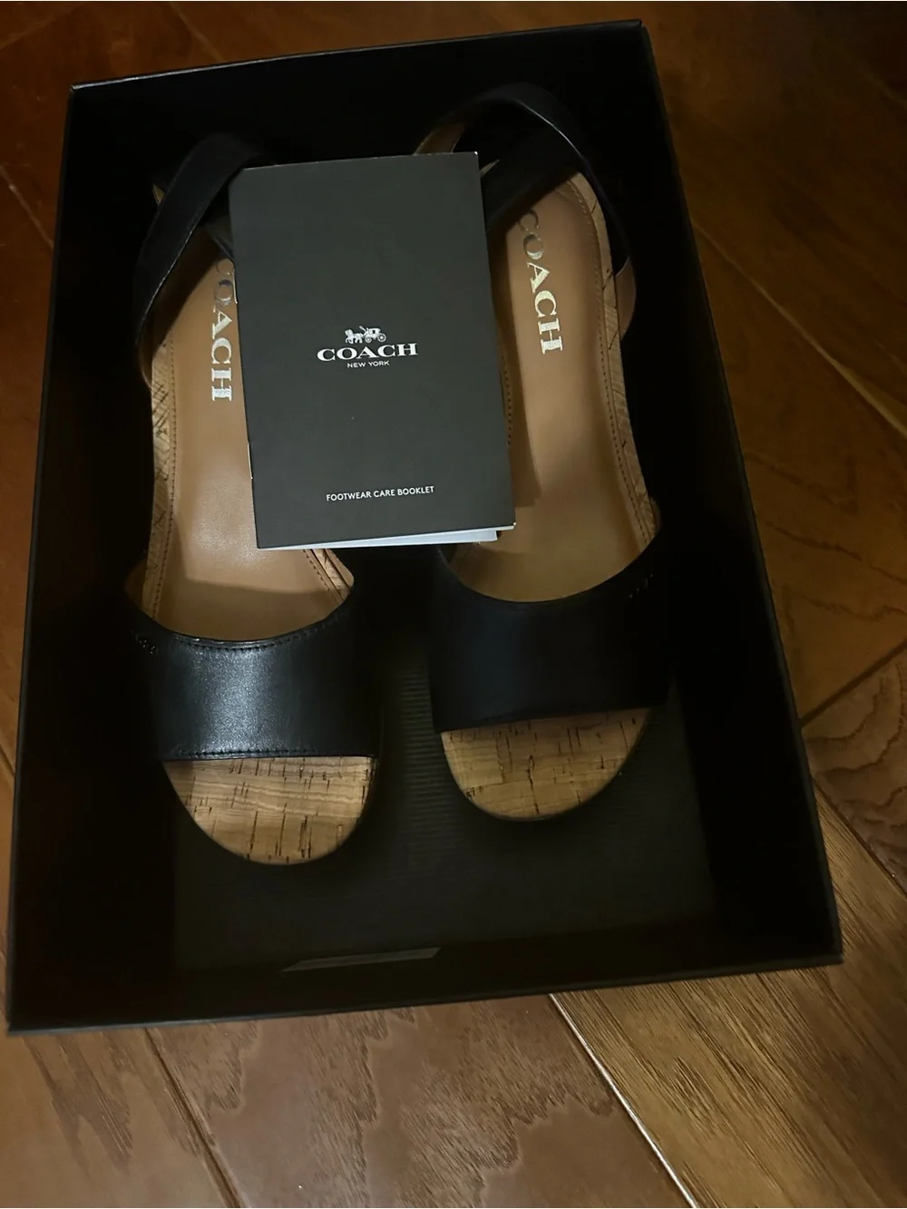COACH Black Leather Cork Wedge Sandals with Crisscross Straps Size 7